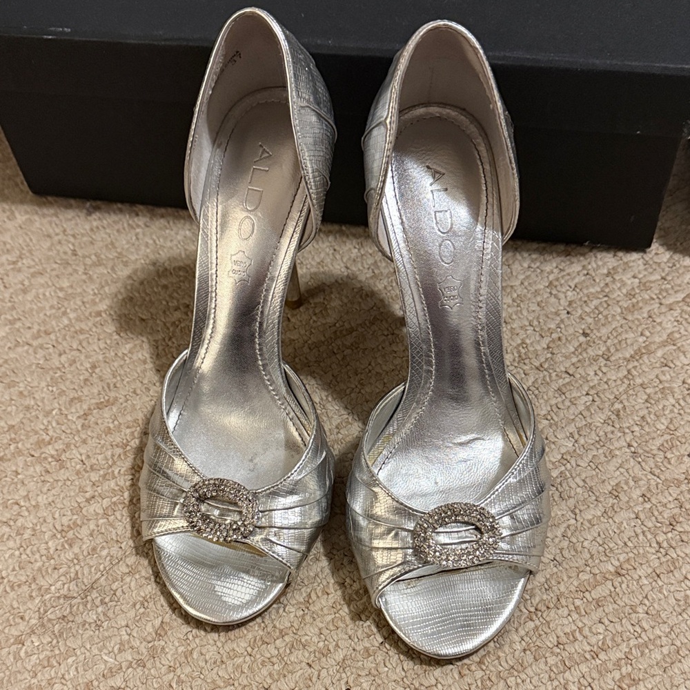 Aldo Metallic Silver Heels with Embellished Detail